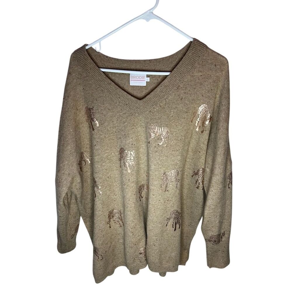 Brodie Women's XL Cashmere V-Neck Animal Print Sweater Brown Pullover